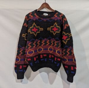 Vintage Saks Fifth Avenue 100% Wool Colorful Geometric Chunky Sweater Size Large